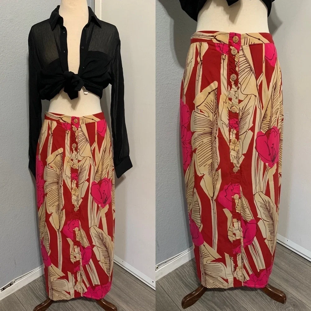 Zara New Women Bohemian Floral‎ Print High Waisted Midi Skirt Size M